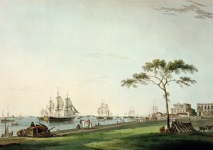 エスプラネード、カルカッタ、プレートIで撮った「東洋の風景」のプレートI、1797年公開（色付きのアクアチント）